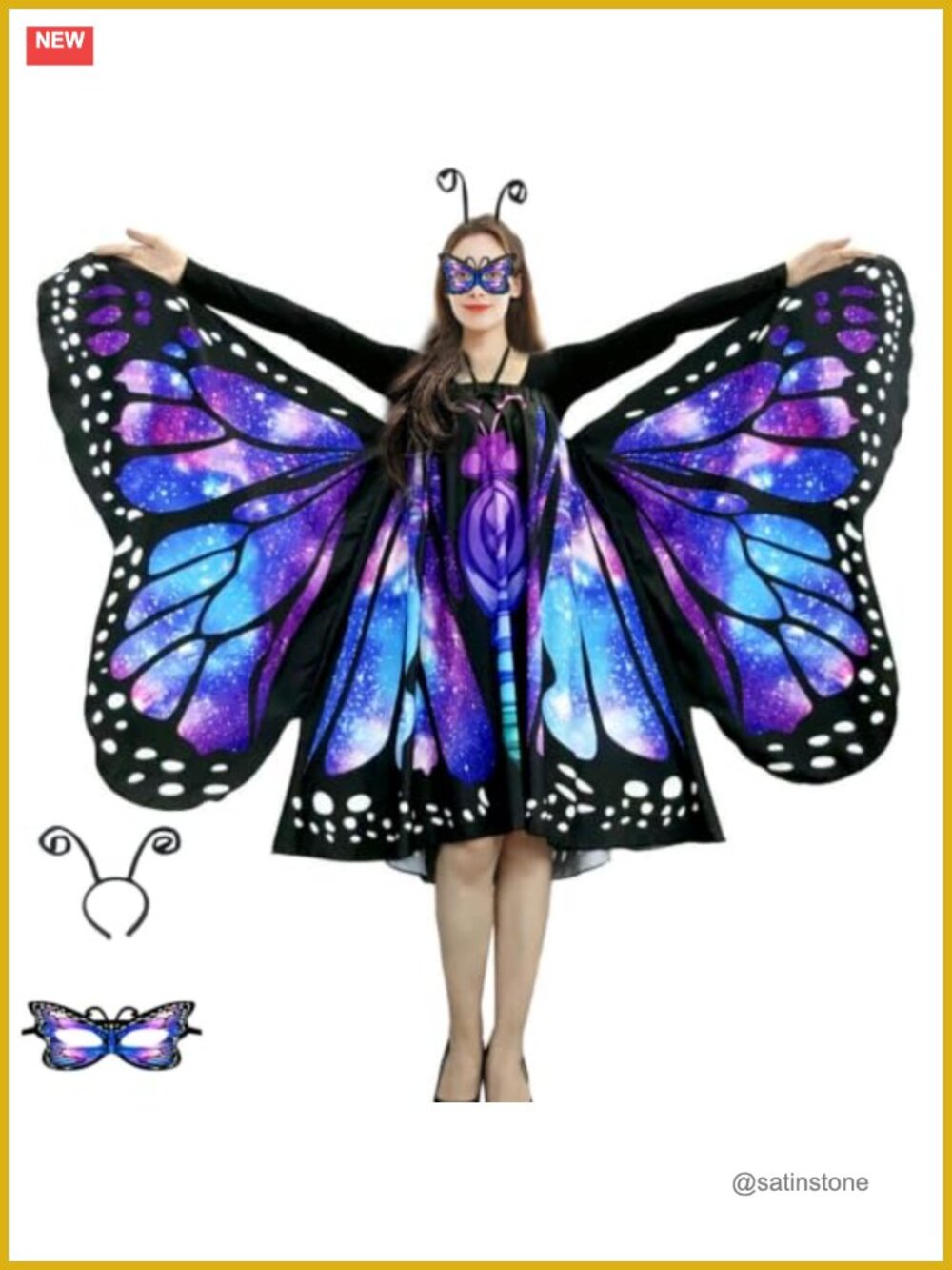 Women 2-in-1 Butterfly Wings Cape Dress Costume Set Cosplay Halloween